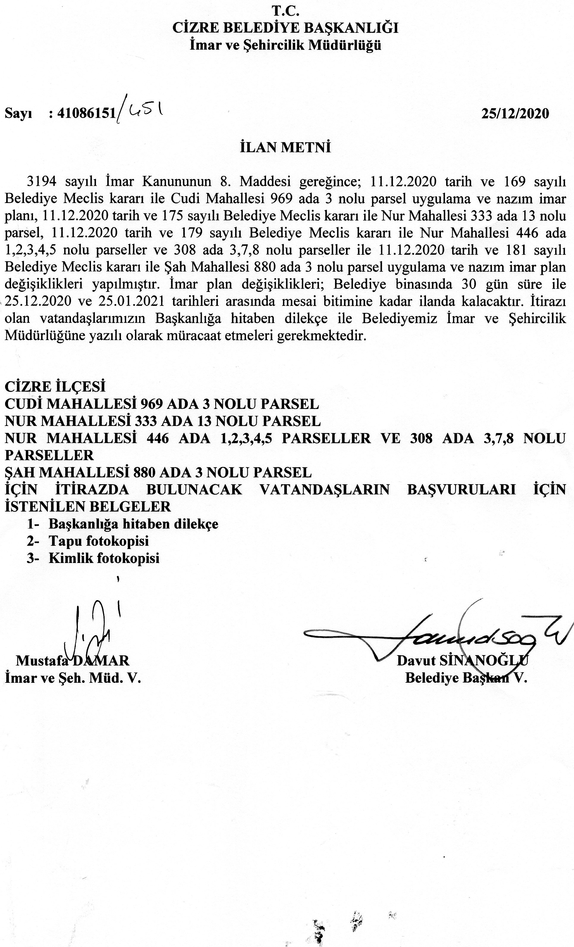 İmar ve Şehircilik Müdürlüğünden Duyuru