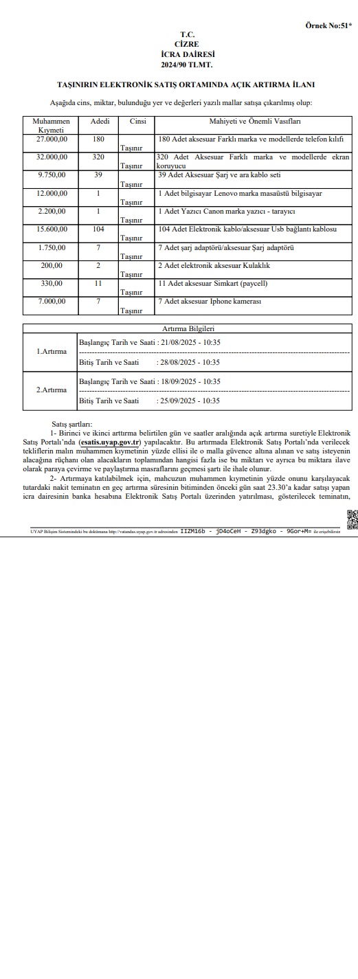BELİRTİLEN TAŞINIRLARIN ELEKTRONİK SATIŞ ORTAMINDA AÇIK ARTIRMA  İLE SATIŞI 17/07/2025